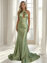 Mermaid/Trumpet Halter Satin Cut-Out Corset Floor-Length Prom Dresses with Flower