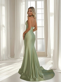 Mermaid/Trumpet Halter Satin Cut-Out Corset Floor-Length Prom Dresses with Flower
