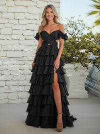 A-Line/Princess Sweetheart Criss Cross Tiered Floor-Length Prom Dresses with Slit