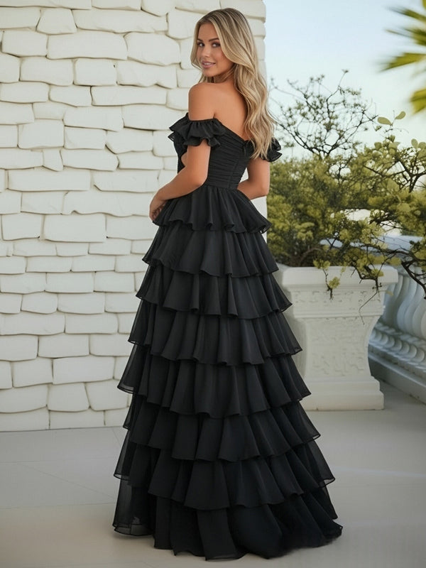 A-Line/Princess Sweetheart Criss Cross Tiered Floor-Length Prom Dresses with Slit