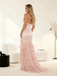 Sheath/Column V-Neck Satin Floor-Length Prom Dresses with Tiered Ruffle Women Formal Gowns