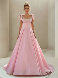 A-Line/Princess Satin Spaghetti Strap Floor-Length Prom Dresses with Bows Ball Gowns
