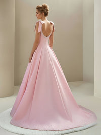 A-Line/Princess Satin Spaghetti Strap Floor-Length Prom Dresses with Bows Ball Gowns