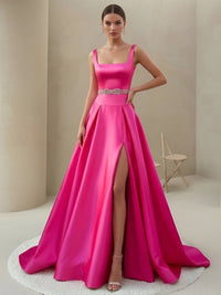 A-Line/Princess Satin Spaghetti Strap Square Neck Floor-Length Prom Dresses with Crystal Belt