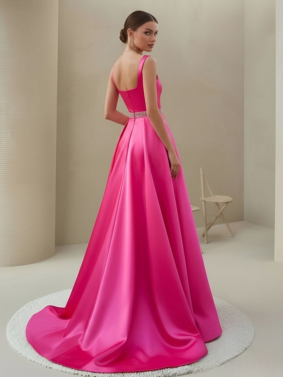A-Line/Princess Satin Spaghetti Strap Square Neck Floor-Length Prom Dresses with Crystal Belt