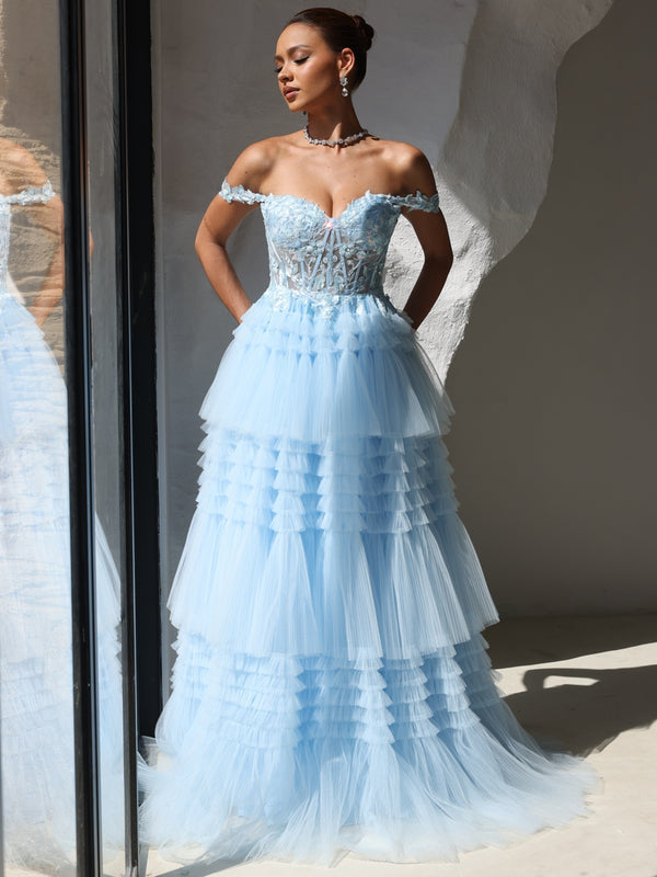 A-Line/Princess Off Shoulder Tiered Floor-Length Prom Dresses with Lace Applique