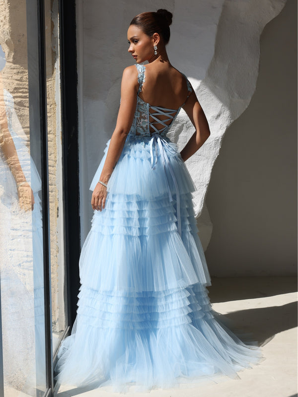 A-Line/Princess Off Shoulder Tiered Floor-Length Prom Dresses with Lace Applique