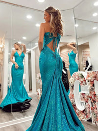Sparkly Mermaid/Trumpet V-Neck Empire Waist Floor-Length Prom Dresses with Sequin