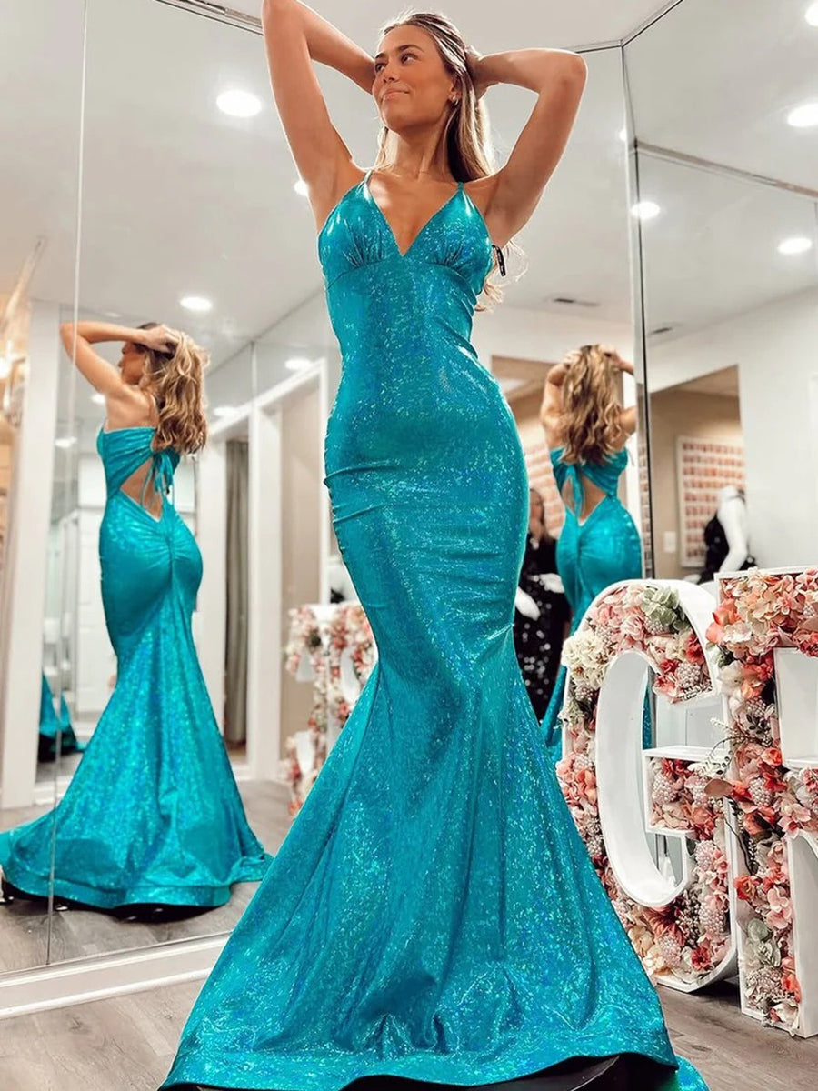 Sparkly Mermaid/Trumpet V-Neck Empire Waist Floor-Length Prom Dresses with Sequin