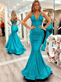 Sparkly Mermaid/Trumpet V-Neck Empire Waist Floor-Length Prom Dresses with Sequin