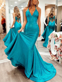 Sparkly Mermaid/Trumpet V-Neck Empire Waist Floor-Length Prom Dresses with Sequin