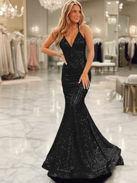 Sparkly Mermaid/Trumpet V-Neck Empire Waist Floor-Length Prom Dresses with Sequin