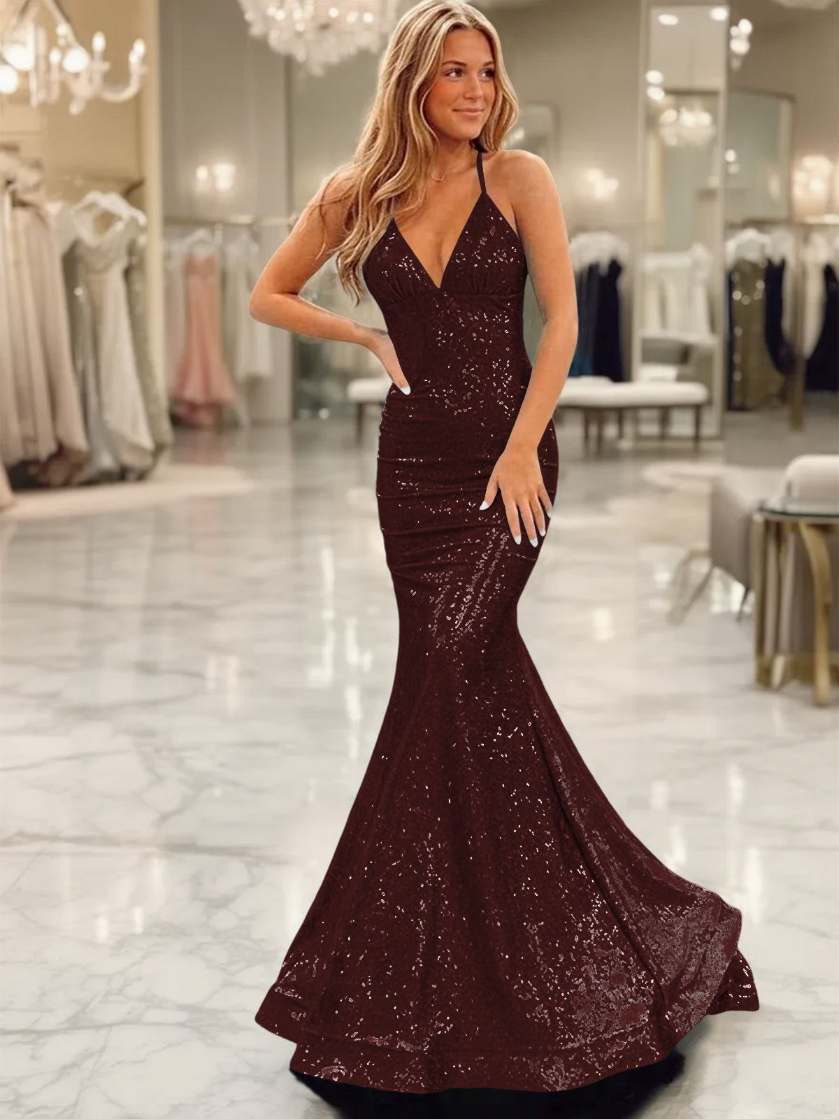 Sparkly Mermaid/Trumpet V-Neck Empire Waist Floor-Length Prom Dresses with Sequin