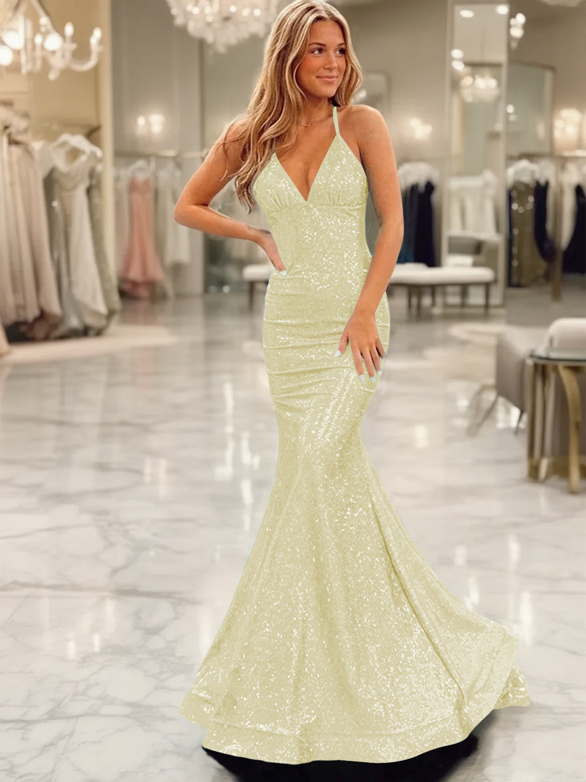 trumpet mermaid sequin dress Shirees Canary Sparkly Mermaid/Trumpet V-Neck Empire Waist Floor-Length Prom Dresses with Sequin 2026