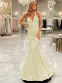 Sparkly Mermaid/Trumpet V-Neck Empire Waist Floor-Length Prom Dresses with Sequin