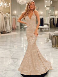 Sparkly Mermaid/Trumpet V-Neck Empire Waist Floor-Length Prom Dresses with Sequin