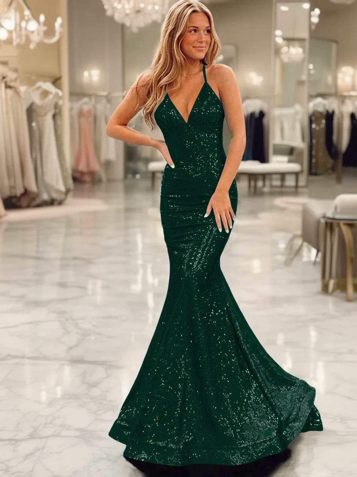 Sparkly Mermaid/Trumpet V-Neck Empire Waist Floor-Length Prom Dresses with Sequin