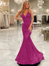 Sparkly Mermaid/Trumpet V-Neck Empire Waist Floor-Length Prom Dresses with Sequin