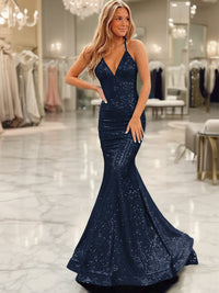 Sparkly Mermaid/Trumpet V-Neck Empire Waist Floor-Length Prom Dresses with Sequin