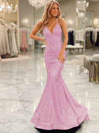 Sparkly Mermaid/Trumpet V-Neck Empire Waist Floor-Length Prom Dresses with Sequin