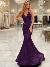 Sparkly Mermaid/Trumpet V-Neck Empire Waist Floor-Length Prom Dresses with Sequin