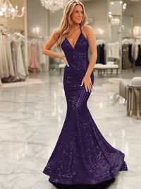 Sparkly Mermaid/Trumpet V-Neck Empire Waist Floor-Length Prom Dresses with Sequin
