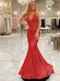Sparkly Mermaid/Trumpet V-Neck Empire Waist Floor-Length Prom Dresses with Sequin