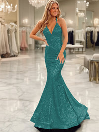 Sparkly Mermaid/Trumpet V-Neck Empire Waist Floor-Length Prom Dresses with Sequin