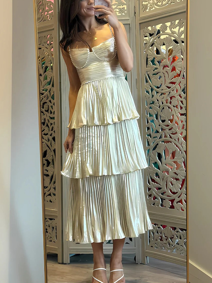 Sheath/Column Spaghetti Strap Tea-Length Prom Dresses with Tiered Satin