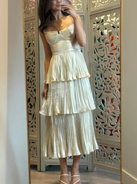 Sheath/Column Spaghetti Strap Tea-Length Prom Dresses with Tiered Satin