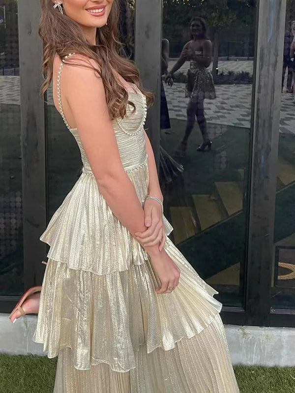 Sheath/Column Spaghetti Strap Tea-Length Prom Dresses with Tiered Satin