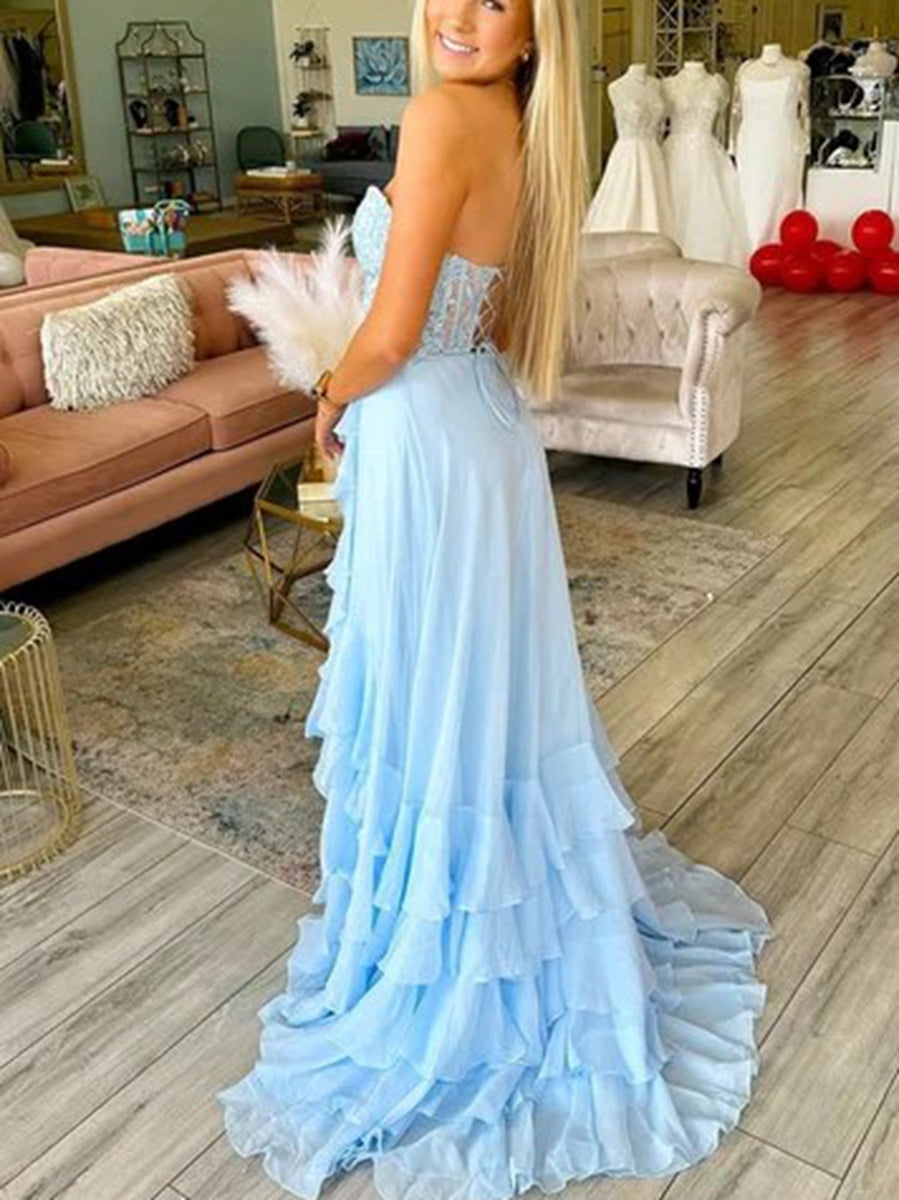 A-Line/Princess Sweetheart Tiered Floor-Length Prom Dresses with Lace Appliques