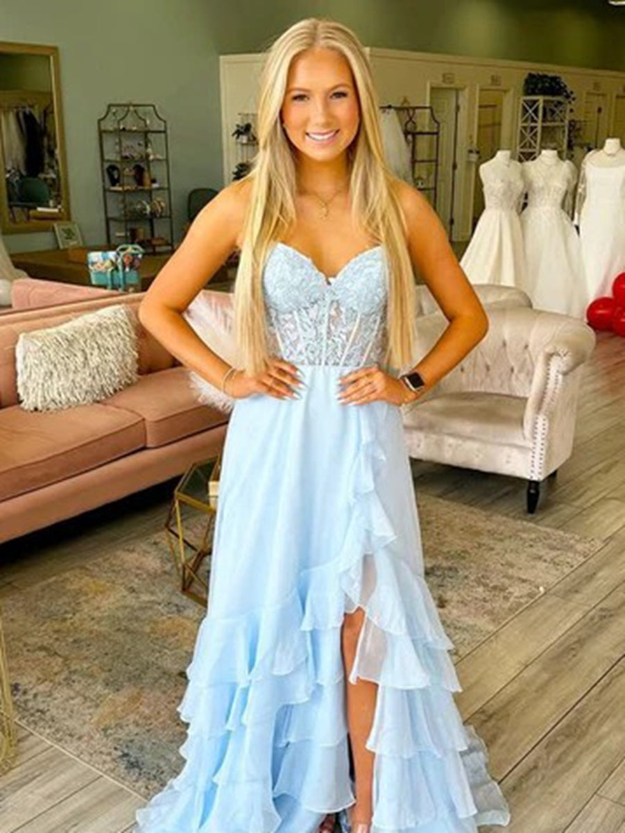 A-Line/Princess Sweetheart Tiered Floor-Length Prom Dresses with Lace Appliques