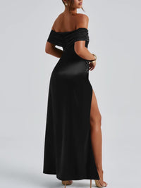 Elegant Sheath/Column Off Shoulder Satin Floor-Length Evening Dresses with Slit
