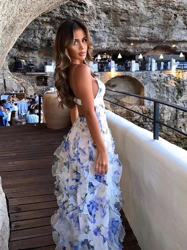 Mermaid/Trumpet Spaghetti Strap V-Neck Floral Print Floor-Length Prom Dresses with Ruffle