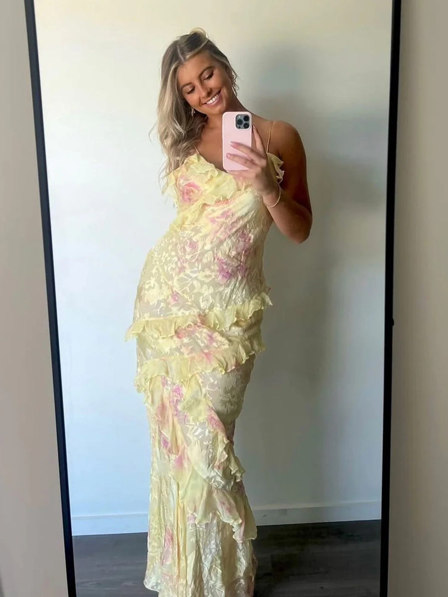 Mermaid/Trumpet Ruffle V-Neck Floor-Length Prom Dresses with Floral Satin Women Formal Gowns