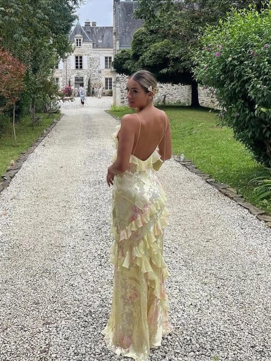 Mermaid/Trumpet Ruffle V-Neck Floor-Length Prom Dresses with Floral Satin Women Formal Gowns