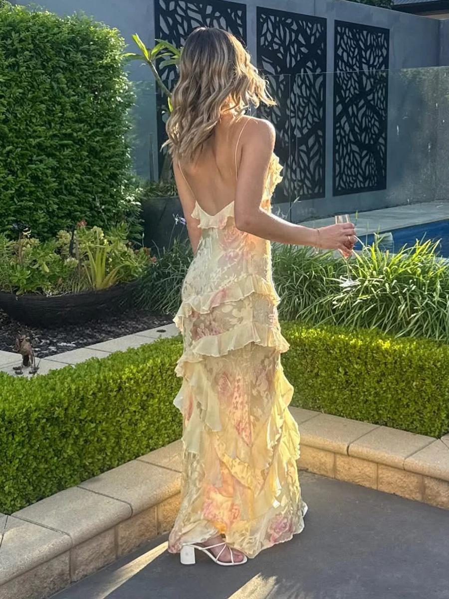 Mermaid/Trumpet Ruffle V-Neck Floor-Length Prom Dresses with Floral Satin Women Formal Gowns