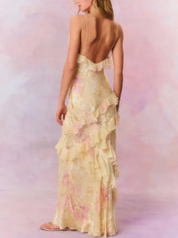Mermaid/Trumpet Ruffle V-Neck Floor-Length Prom Dresses with Floral Satin Women Formal Gowns