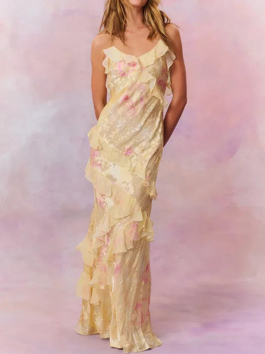Mermaid/Trumpet Ruffle V-Neck Floor-Length Prom Dresses with Floral Satin Women Formal Gowns