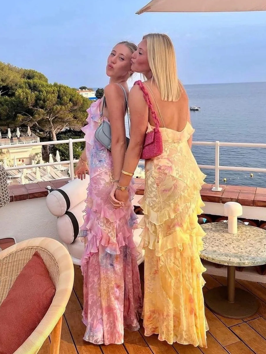 Mermaid/Trumpet Ruffle V-Neck Floor-Length Prom Dresses with Floral Satin Women Formal Gowns