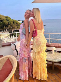Mermaid/Trumpet Ruffle V-Neck Floor-Length Prom Dresses with Floral Satin Women Formal Gowns