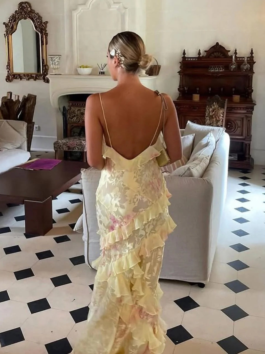 Mermaid/Trumpet Ruffle V-Neck Floor-Length Prom Dresses with Floral Satin Women Formal Gowns