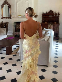 Mermaid/Trumpet Ruffle V-Neck Floor-Length Prom Dresses with Floral Satin Women Formal Gowns