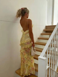 Mermaid/Trumpet Ruffle V-Neck Floor-Length Prom Dresses with Floral Satin Women Formal Gowns