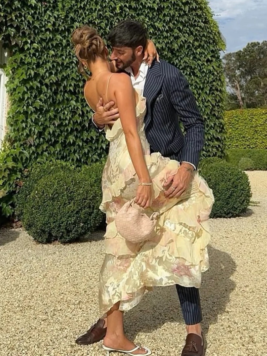 Mermaid/Trumpet Ruffle V-Neck Floor-Length Prom Dresses with Floral Satin Women Formal Gowns