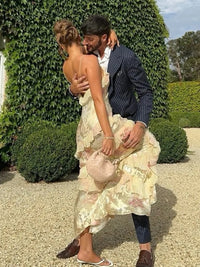 Mermaid/Trumpet Ruffle V-Neck Floor-Length Prom Dresses with Floral Satin Women Formal Gowns