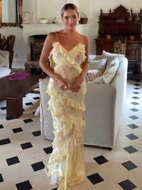 Mermaid/Trumpet Ruffle V-Neck Floor-Length Prom Dresses with Floral Satin Women Formal Gowns