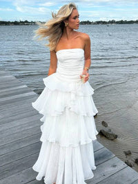 A-Line/Princess Tiered Ruffle Strapless Floor-Length Prom Dresses Ruched Cocktail Dresses Women Formal Gowns