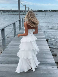 A-Line/Princess Tiered Ruffle Strapless Floor-Length Prom Dresses Ruched Cocktail Dresses Women Formal Gowns